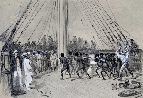 African slaves working the winch on a ship  watercolour by Edouard Riou  1833 1900   Paris  Musee National Des Arts Africains Et Oceaniens  Art Museum  AA667468