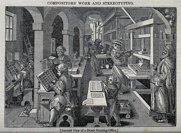 Men working at a printing press  proofing copy  inking  and Wellcome V0023786
